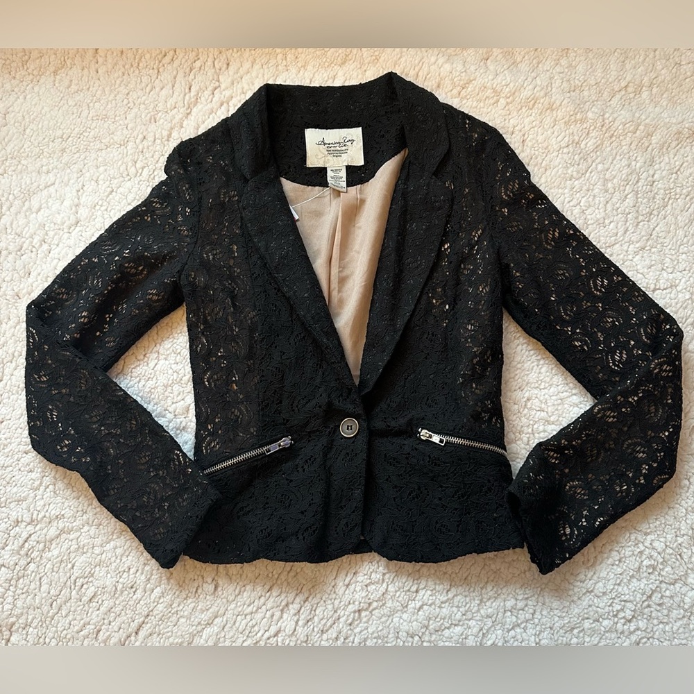 American Rag Black Lace Cotton Blend Jacket/Blazer Lined Lightweight Size XS